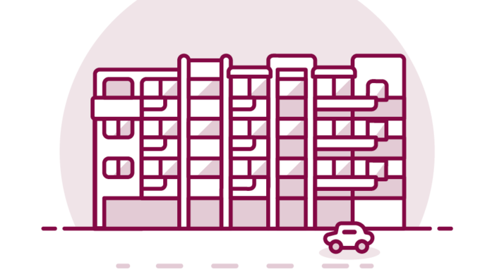Grafische Darstellung eines Wohnblocks mit Balkonen. Im Vordergrund fährt ein Auto eine Straße entlang.