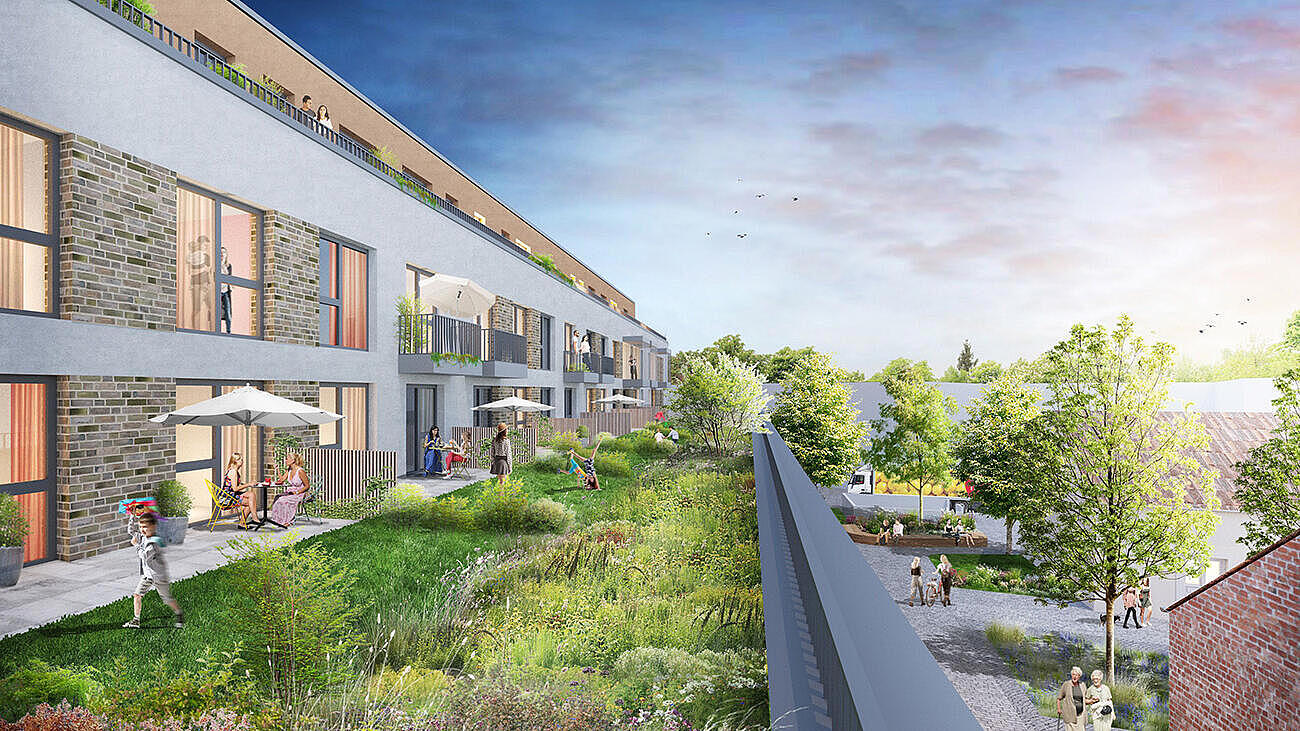 Visualisierung des vorgelagerten Außenbereichs im ersten Obergeschoss, der mit Grünstreifen und Terrassenflächen geplant wird.