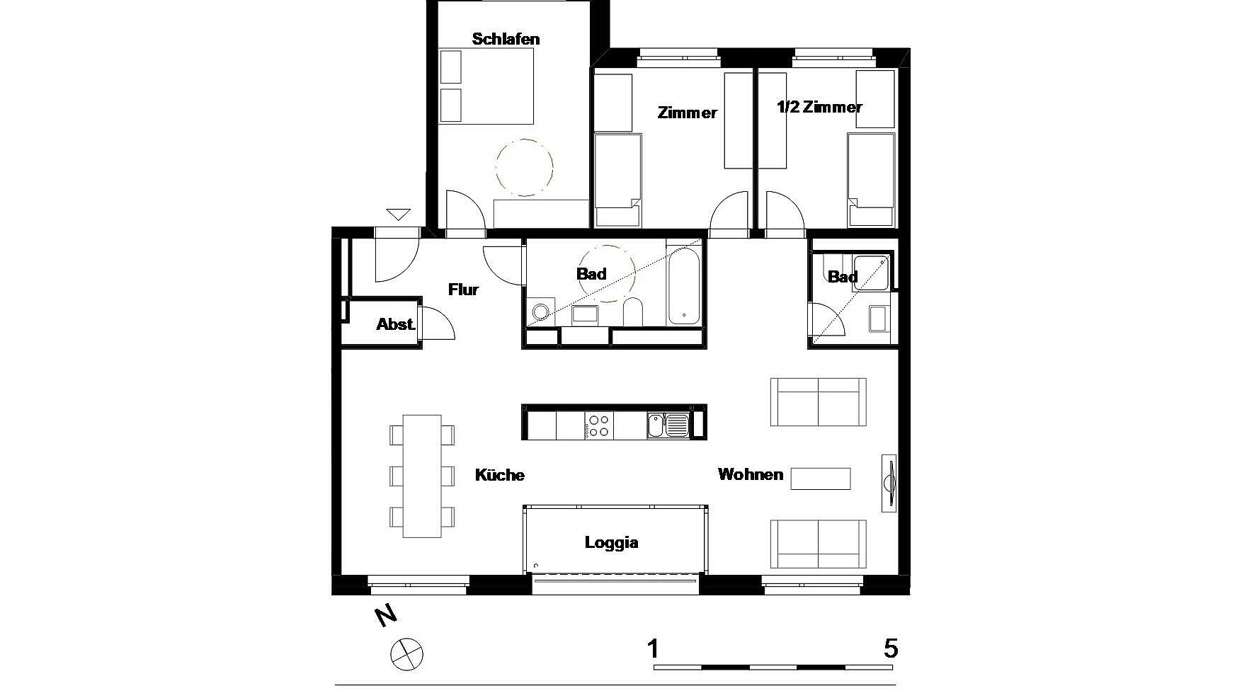 Wohnungsgrundriss 4 Zimmer mit Beispielmöblierung 