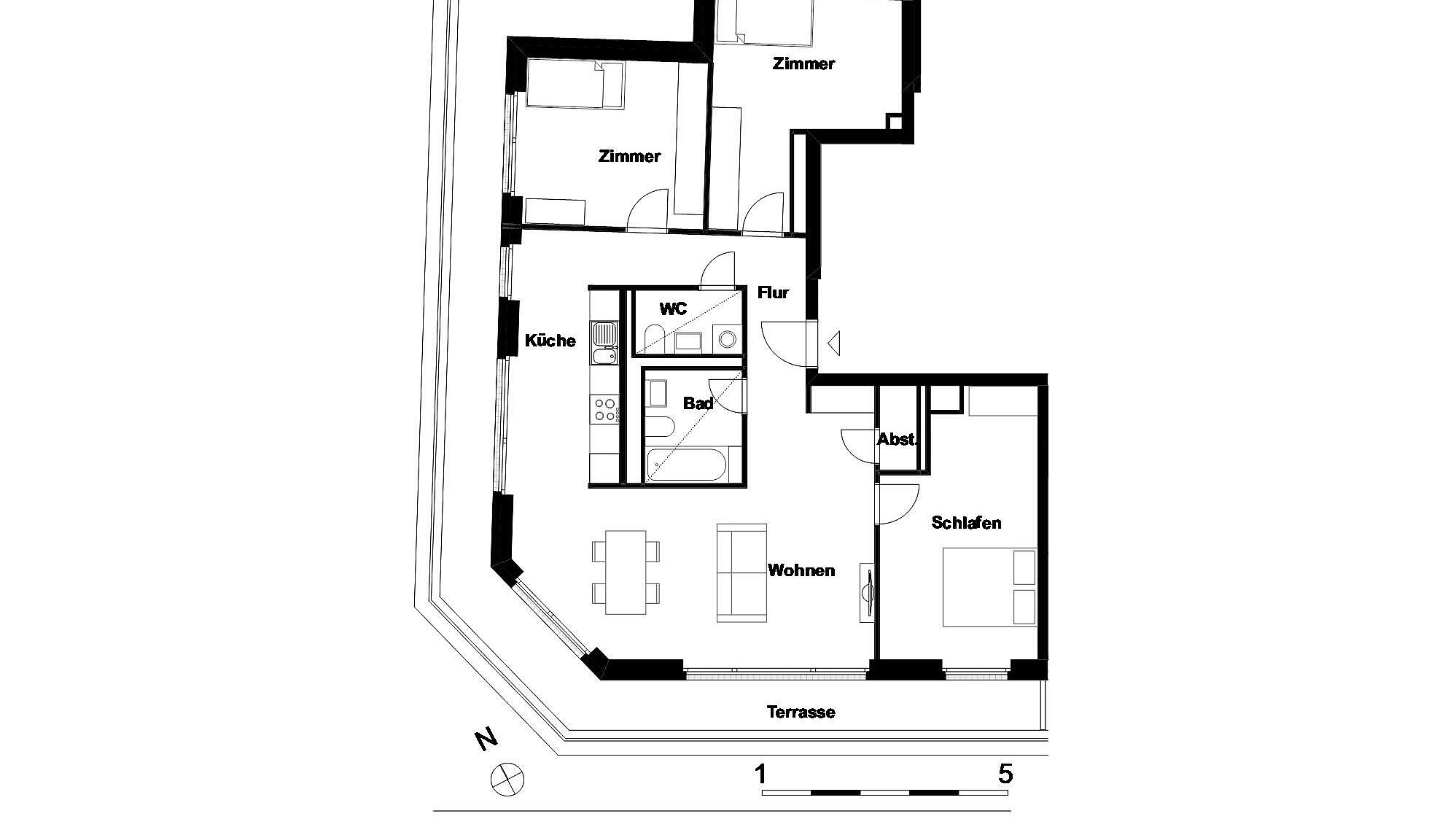Wohnungsgrundriss einer 4-Zimmer-Wohnung mit Beispielmöblierung 