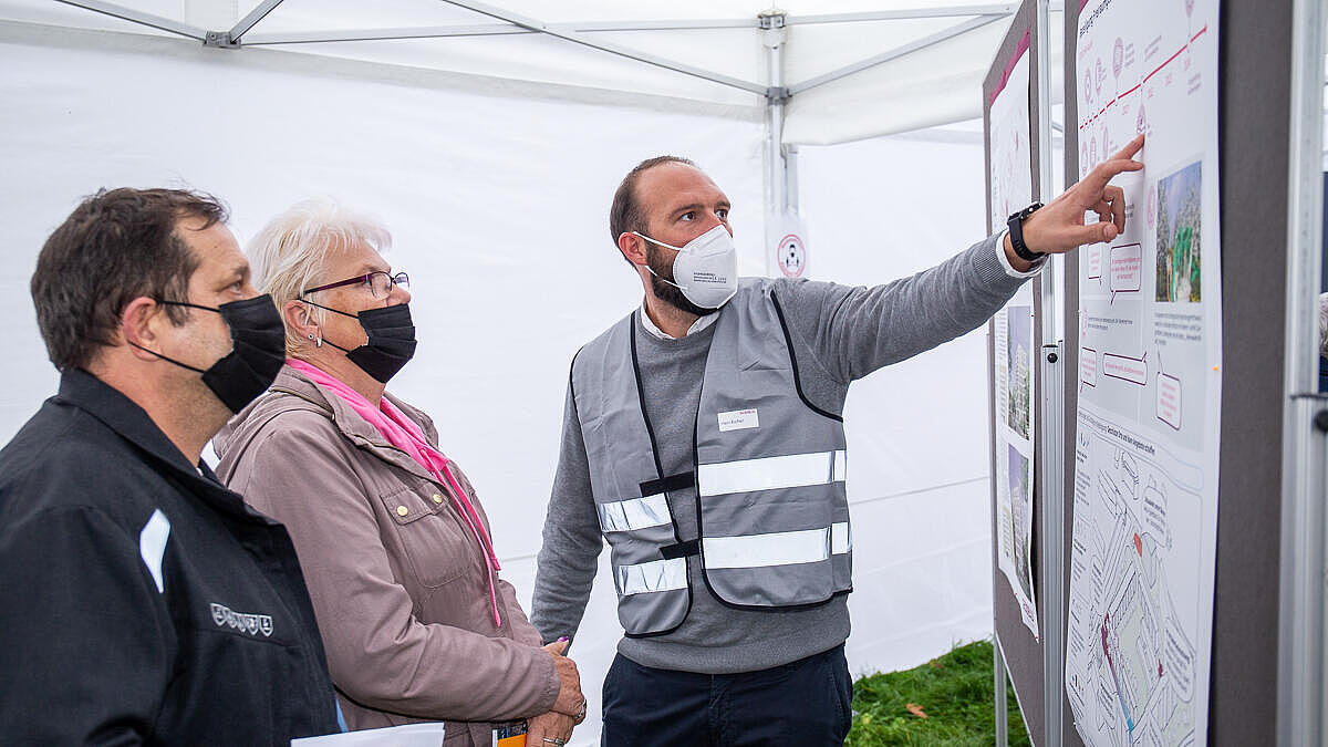 Drei Personen vor einem Informationsplakat: Herr Eicher von der GESOBAU ganz rechts, mit seinem linken ausgestreckten Zeigefinger erklärend auf das Plakat deutend. Die beiden Mieter*innen hören ihm zu.