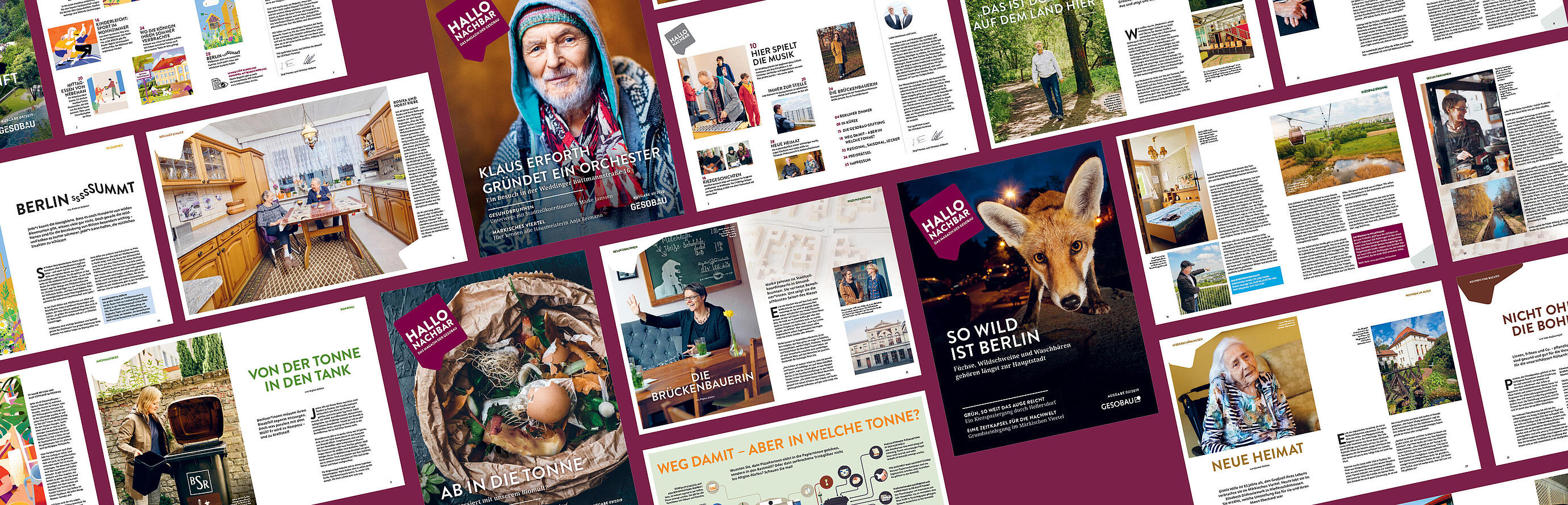 Grafik zeigt verschiedene aufgeschlagene Ausgaben der Mieterzeitschrift Hallo Nachbar.