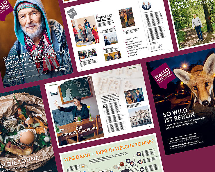 Grafik zeigt verschiedene aufgeschlagene Ausgaben der Mieterzeitschrift Hallo Nachbar.