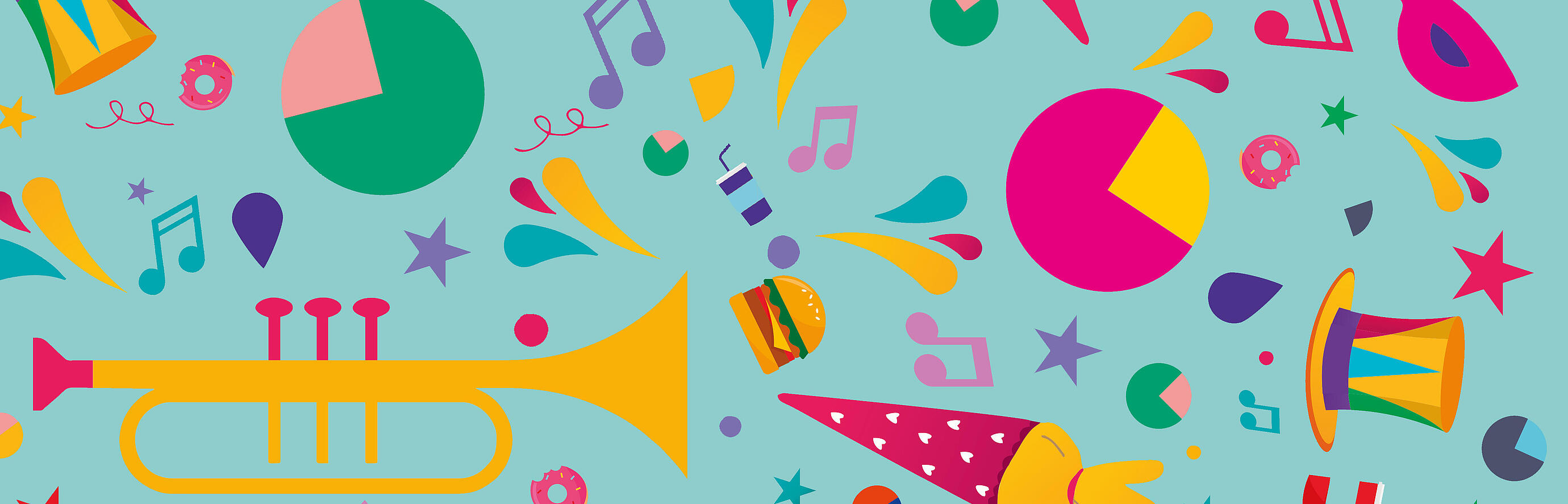 Illustration zur Bebilderung des Begegnungsfests 2025: Das MV-Logo, Schultüten, Sterne, Hüte und viele andere Formen in bunt. 