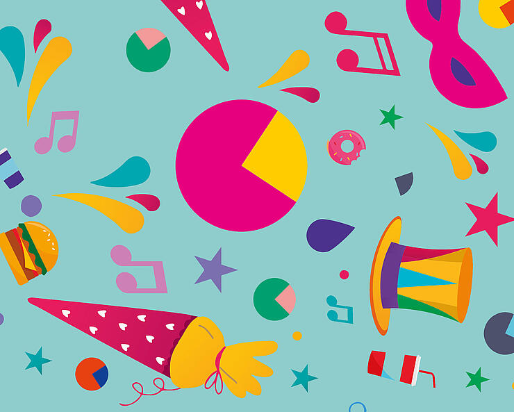 Illustration zur Bebilderung des Begegnungsfests 2025: Das MV-Logo, Schultüten, Sterne, Hüte und viele andere Formen in bunt. 