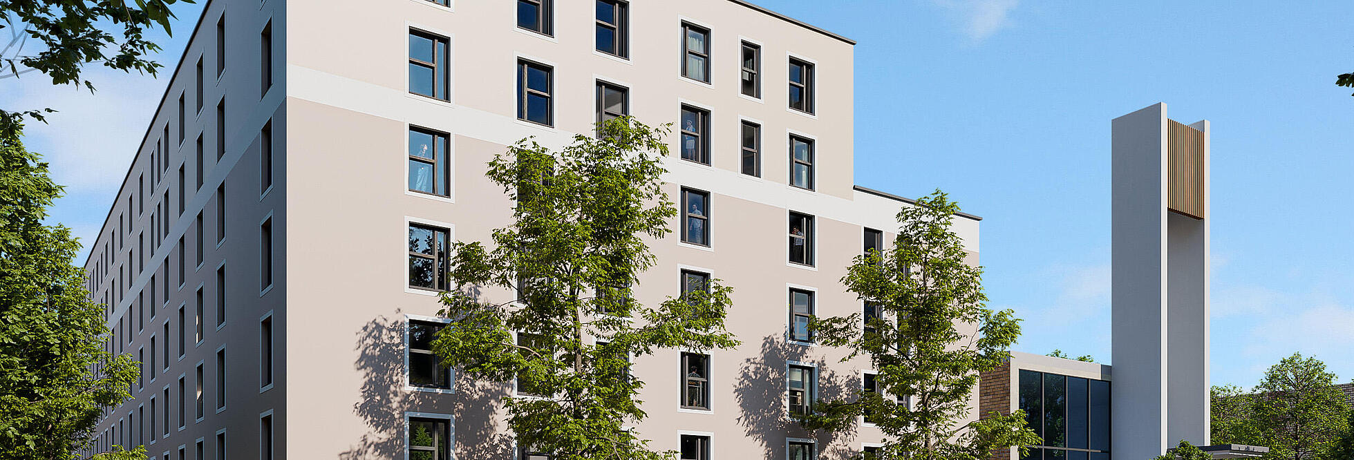 Bild zeigt Visualisierung des Neubaus Sterkrader Straße von außen. Im Vordergrund Bäume und Menschen.