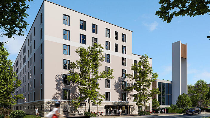 Bild zeigt Visualisierung des Neubaus Sterkrader Straße von außen. Im Vordergrund Bäume und Menschen.