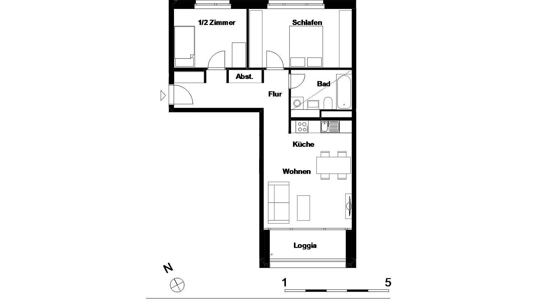 Wohnungsgrundriss 3 Zimmer mit Beispielmöblierung 