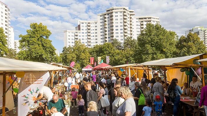 Außenaufnahme zeigt die Stände des VIERTEL FEST auf der Wiese am Seggeluchbecken im Sonnenschein, im Hintergrund die Fassade einiger Häuser.