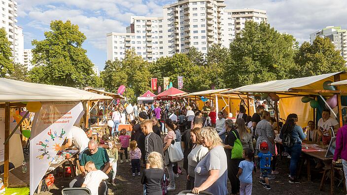 Außenaufnahme zeigt die Stände des VIERTEL FEST auf der Wiese am Seggeluchbecken im Sonnenschein, im Hintergrund die Fassade einiger Häuser.