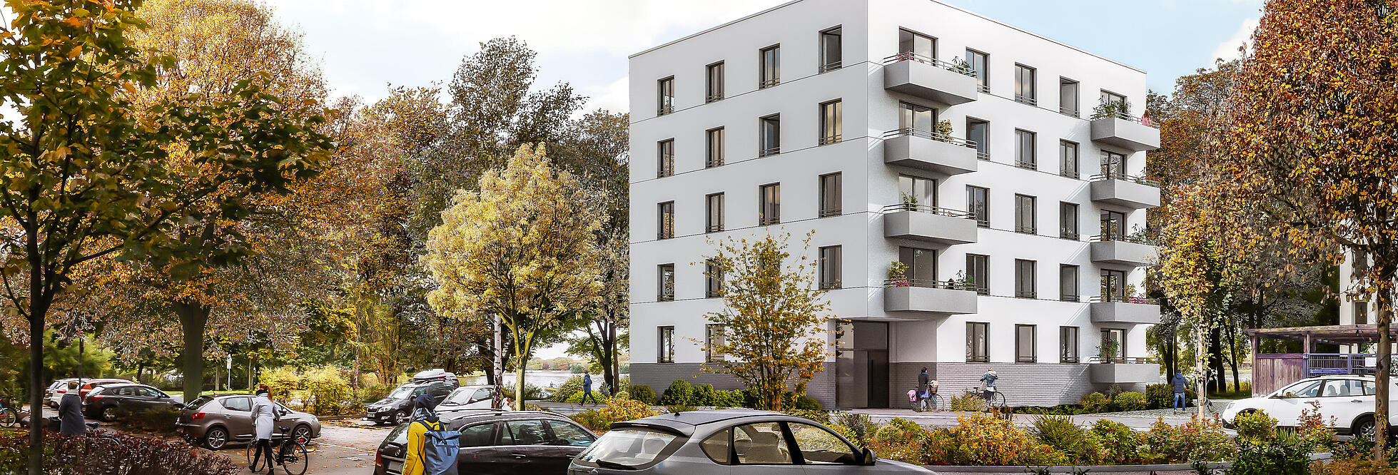 Visualisierung Neubau Hansastraße umgeben von herbstlichen Bäumen.