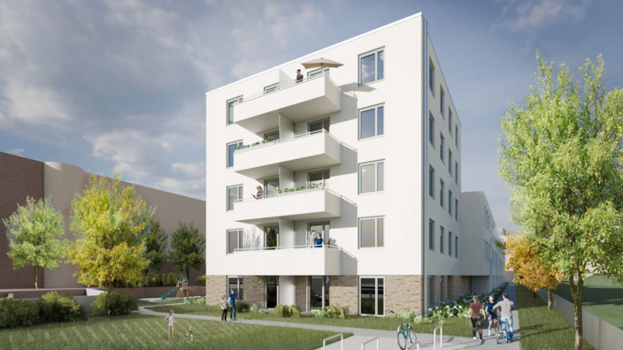 Bild zeigt Visualisierung des geplanten Neubaus am Königsweg 33, Ost-Ansicht.