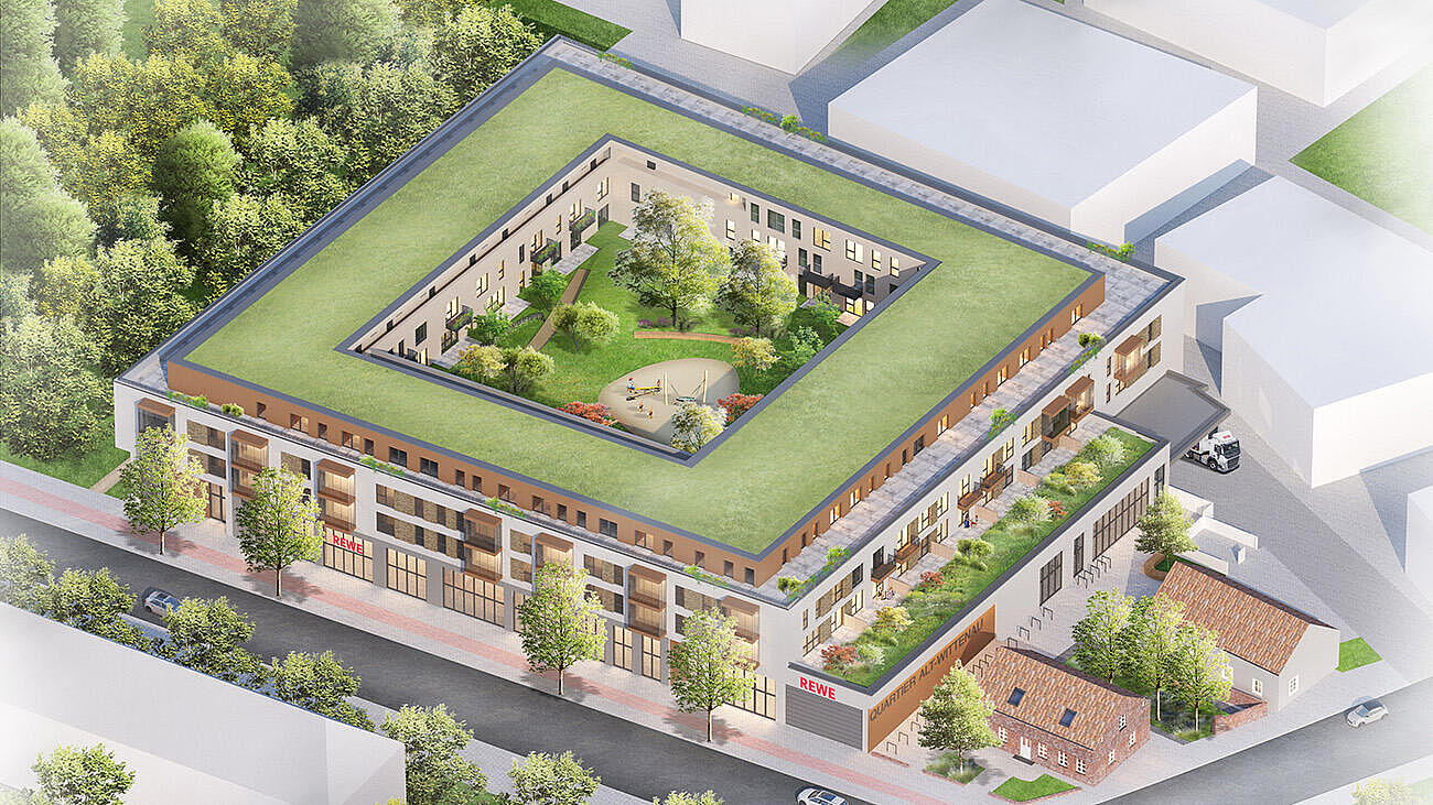 Bild zeigt Visualisierung des neuen Quartiers Alt-Wittenau in Reinickendorf von Oben mit Blick auf den begrünten Innenhof..