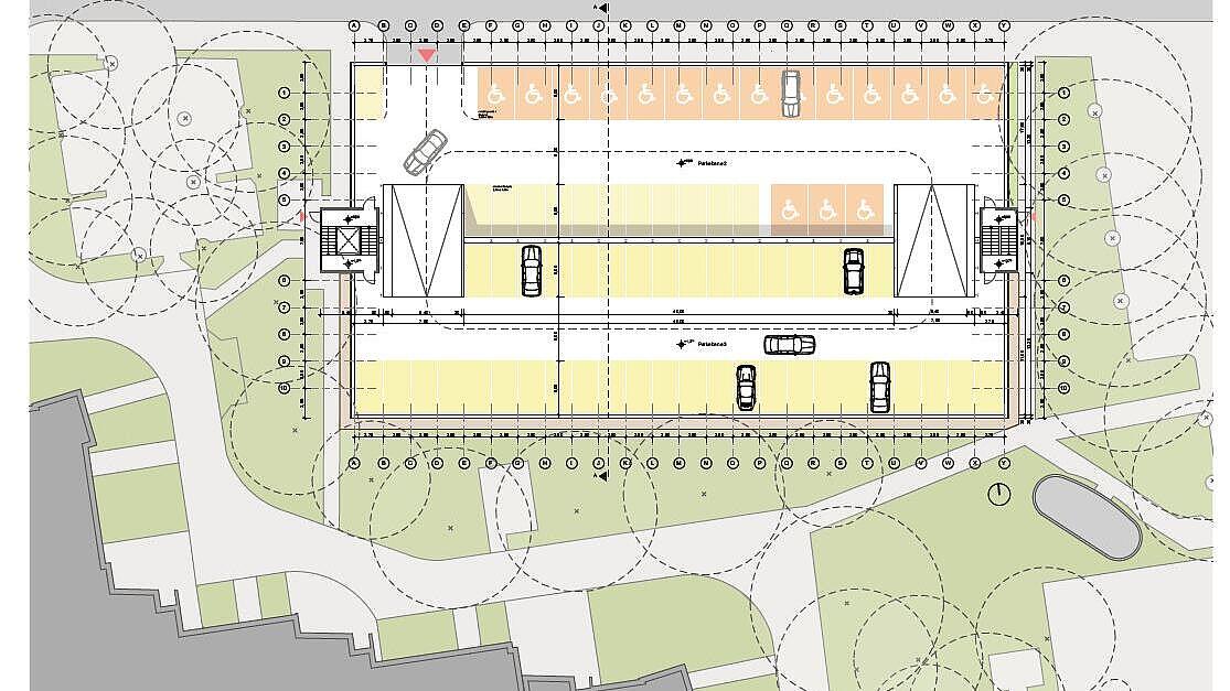 Außenanlagenplan des Parkhauses im Senftenberger Ring 42