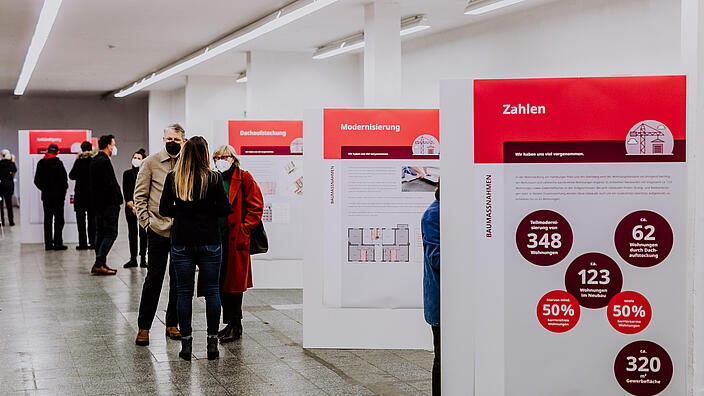 Innenaufnahme der Kunsthalle mit aufgestellten informativen Stellwänden zum Bauvorhaben und Besucher*innen.
