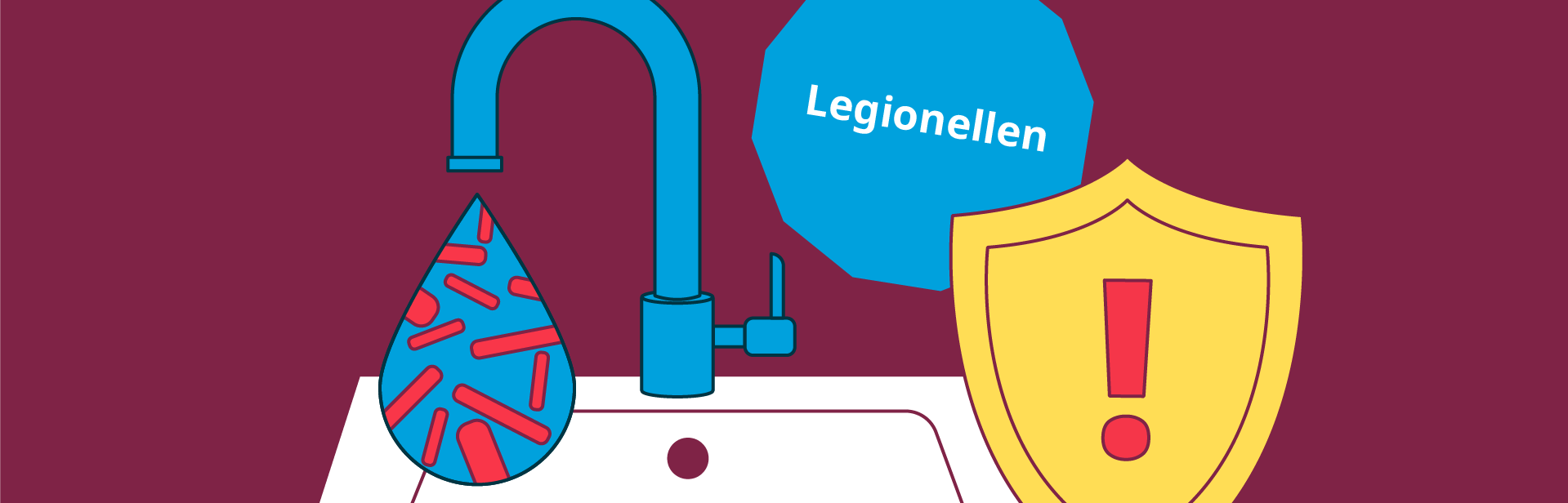 Grafik zeigt die Gefahren von Leginellen im Trinkwasser mit einem Waschbecken und einem bakterienbelasteten Wassertropfen in Übergröße.