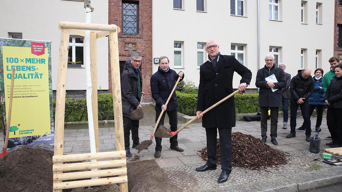 Staatssekretär Stefan Tidow, Bezirksstadtrat Vollrad Kuhn und Gesobau-Vorstandsvorsitzender Jörg Franzen pflanzen eine Ungarische Eiche in der Tschaikowskistraße