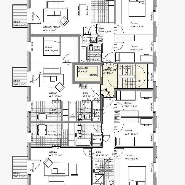 Mendelstraße: Grundriss Regelgeschoss Etage 1 bis 4 / Grundrisse Typ 1a