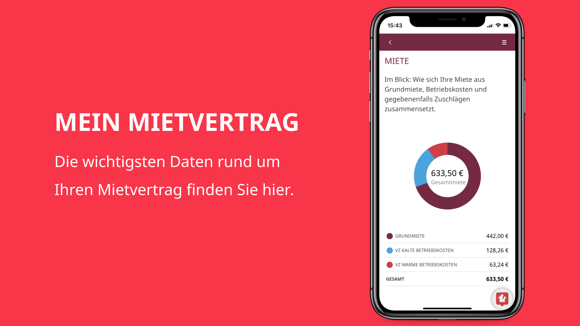 Grafik zeigt die Übersicht im Kapitel "Miete" der GESOBAU Berlin App: Wie setzt sich die Miete zusammen?