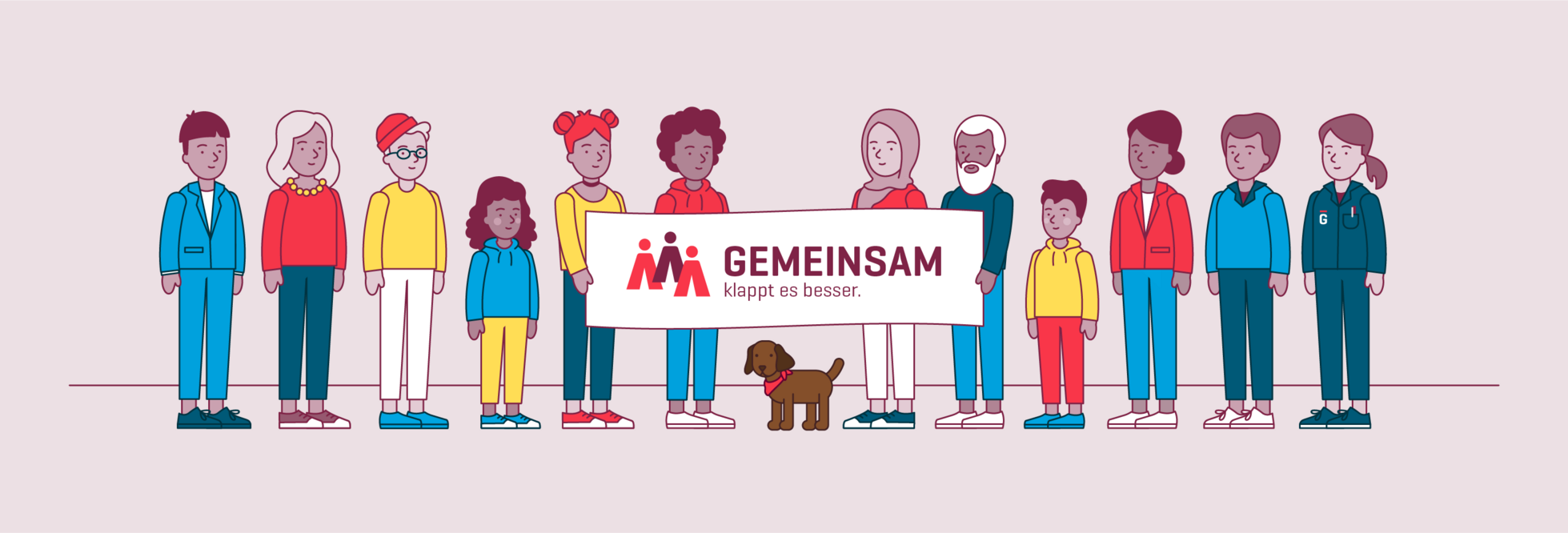 Illustration zeigt eine diverse Gruppe von Menschen unterschiedlichen Alters, die gemeinsam ein Schild mit der Aufschrift "Gemeinsam" hochhalten.