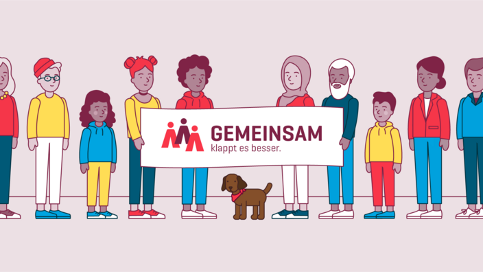 Illustration zeigt eine diverse Gruppe von Menschen unterschiedlichen Alters, die gemeinsam ein Schild mit der Aufschrift "Gemeinsam" hochhalten.