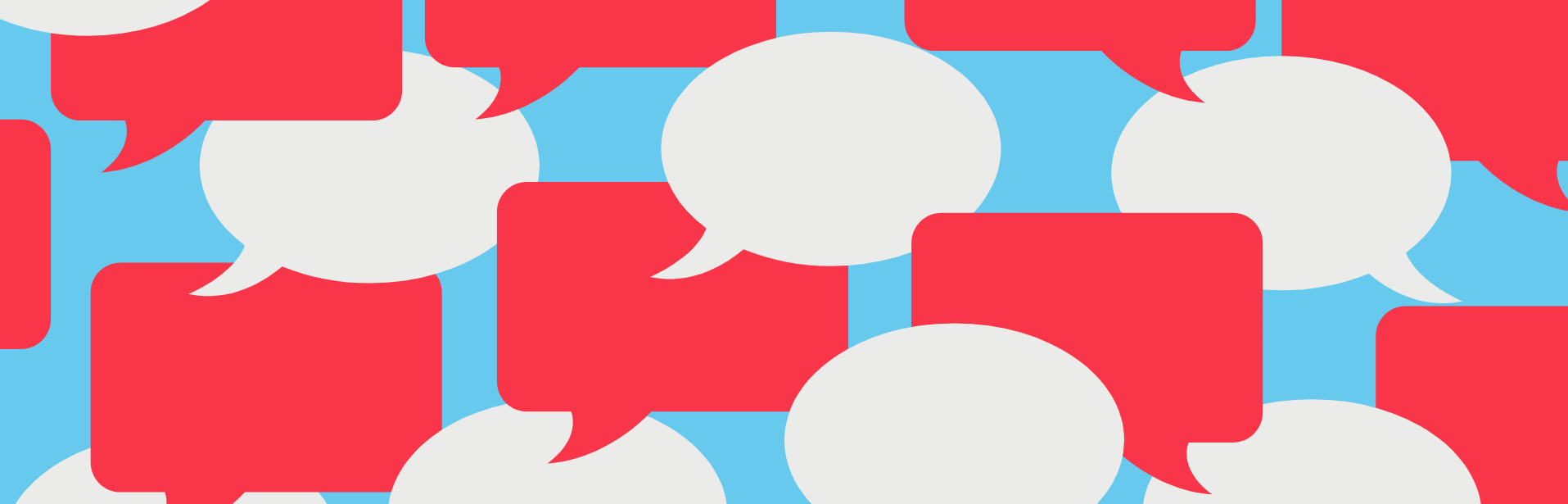 Grafische Darstellung von runden und eckigen Sprechblasen in Grau bzw. Rot auf Hellblau. Oben rechts in der Ecke das Logo der Stiftung.