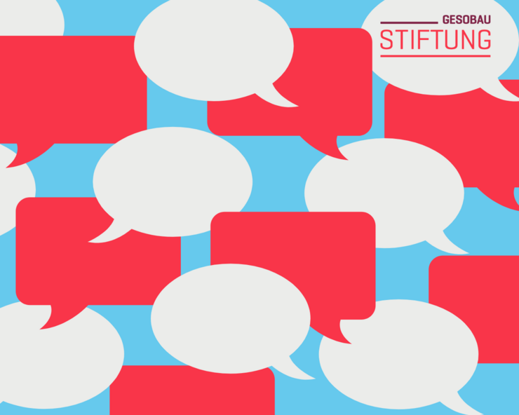 Grafische Darstellung von runden und eckigen Sprechblasen in Grau bzw. Rot auf Hellblau. Oben rechts in der Ecke das Logo der Stiftung.