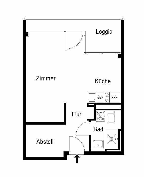 Bild zeigt Beispielgrundriss einer 1-Zimmer-Wohnung im Wilhelmsruher Damm 148 in Reinickendorf.