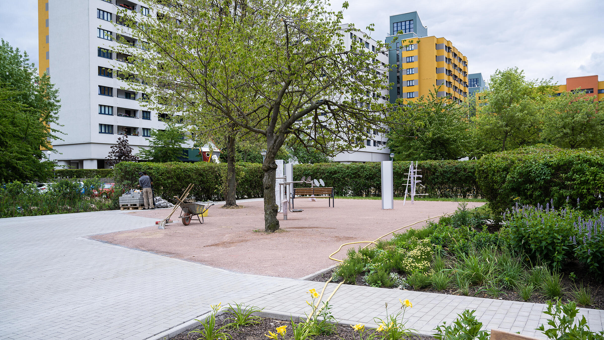 Außenaufnahme der neugestalteten Grünflächen und Wege an der Treuenbrietzener Straße. Im Hintergrund die neuen Outdoor-Fitnessgeräte sowie Mehrfamilienhäuser.