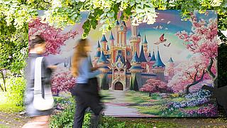 Auf Leinwand gemaltes Märchenschloss.