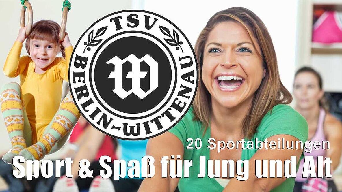 Foto eines turnenden Kindes und einer lachenden Frau, davor das Logo des Vereins sowie der Schriftzug "20 Sportabteilungen - Sport & Spaß für Jung und Alt"