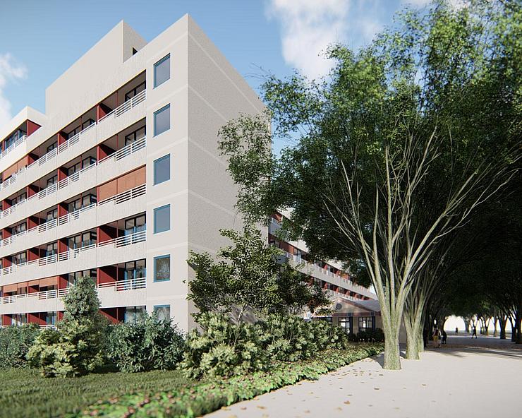 Bild zeigt seitliche Visualiserung des zu modernisierenden Wohngebäudes am Wilhelmsruher Damm 148.Grünflächen im Vordergrund und rechtsseitig.