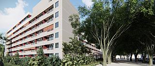 Bild zeigt seitliche Visualiserung des zu modernisierenden Wohngebäudes am Wilhelmsruher Damm 148.Grünflächen im Vordergrund und rechtsseitig.