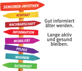 Logo in Form eines bunten Wegweisers mit dem Schriftzug "Gut informiert älter werden - Lange aktiv und gesund bleiben"