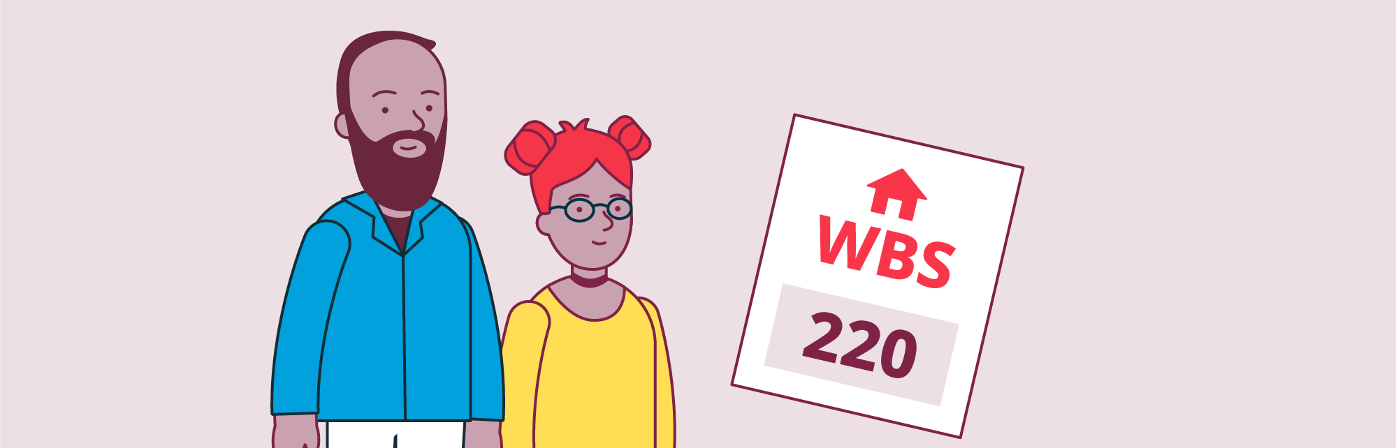 Grafische Darstellung eienes Alleinerziehenden mit einem Kind mit einem Netto-Einkommen von 2.800 Euro, dargstellt in Form eines Münzstapels, und einem WBS 220. 