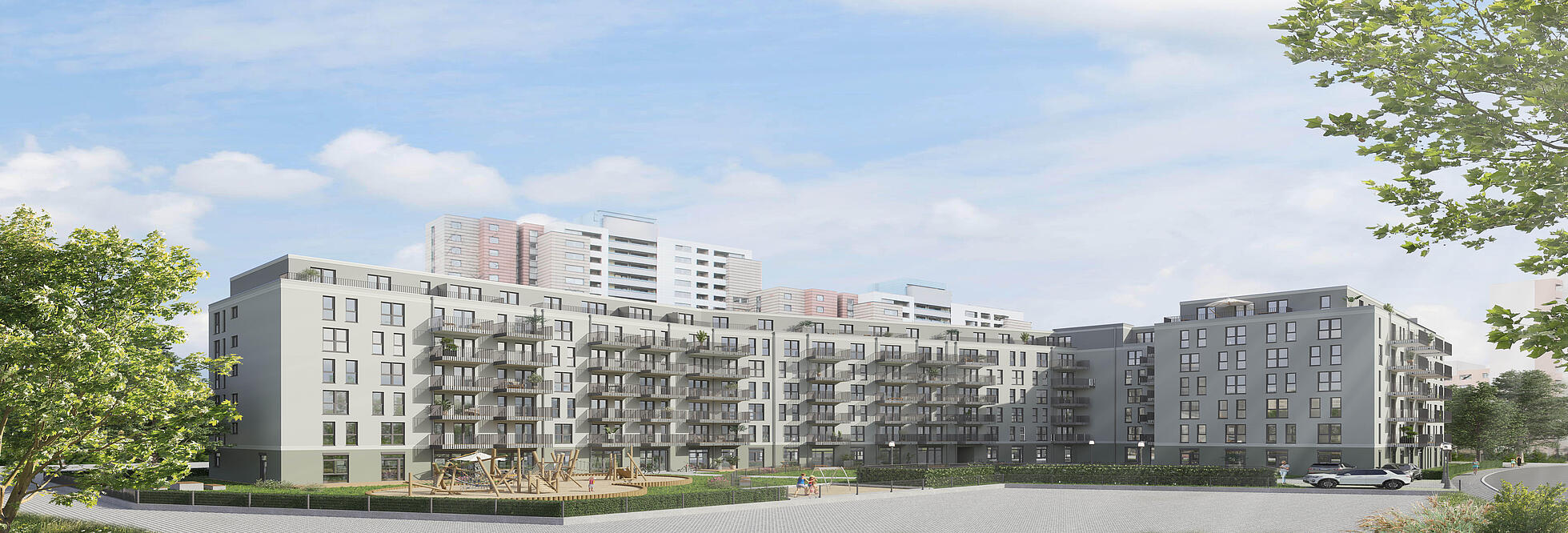 Visualisierung zeigt Außenansicht des neuen FACE Campus in der Titiseestraße mit Kita und Familienzentrum im Erdgeschoss und 126 Wohnungen in den darüberliegenden 6 Stockwerken.
