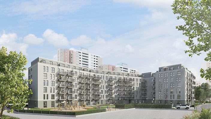 Visualisierung zeigt Außenansicht des neuen FACE Campus in der Titiseestraße mit Kita und Familienzentrum im Erdgeschoss und 126 Wohnungen in den darüberliegenden 6 Stockwerken.