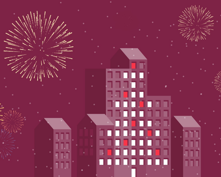 Grafik zeigt ein Wohnhaus, im Hintergrund schönes Feuerwerk