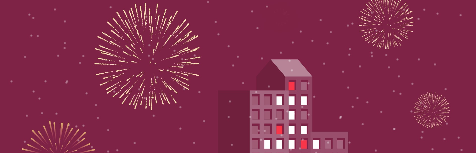 Grafik zeigt ein Wohnhaus, im Hintergrund schönes Feuerwerk