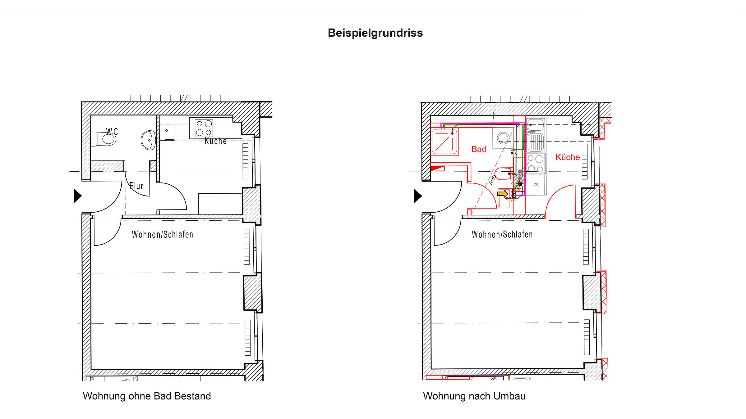 Beispielgrundriss einer Bestandswohnung ohne Bad vor, bzw. mit neu eingebautem Badezimmer nach dem Umbau.