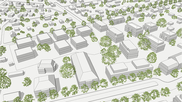 Die Geflüchtetenunterkunft in der Kirchstraße aus der Vogelperspektive, Visualisierung