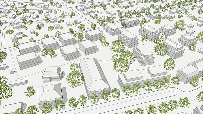 Die Geflüchtetenunterkunft in der Kirchstraße aus der Vogelperspektive, Visualisierung