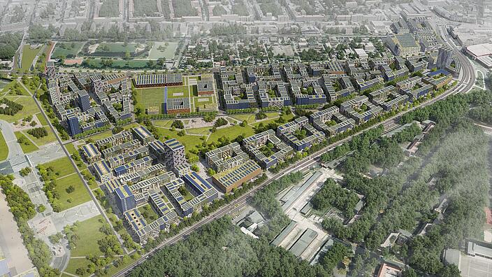 Visualisierung: Luftaufnahme der Wohnhäuser mit insgesamt rund 5.000 geplanten Wohnungen im Schumacher Quartier