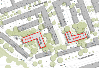 Lageplan: zwei L-förmige Wohnhäuser in der Kavalierstraße