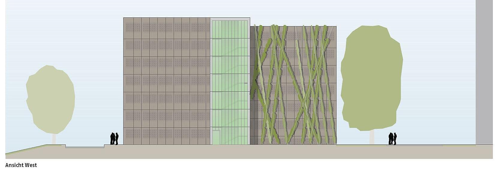 Visualisierung: Seitenansicht des mehrstöckigen Parkhauses im Senftenberger Ring 42