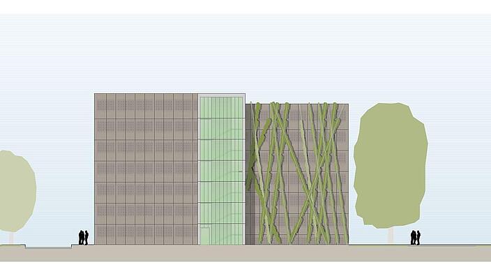 Visualisierung: Seitenansicht des mehrstöckigen Parkhauses im Senftenberger Ring 42
