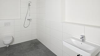 Innenaufnahme zeigt ein Badezimmer mit WC und bodengleicher Dusche.