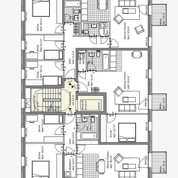 Mendelstraße: Grundriss Regelgeschoss Etage 1 bis 4 / Grundrisse Typ 2b 