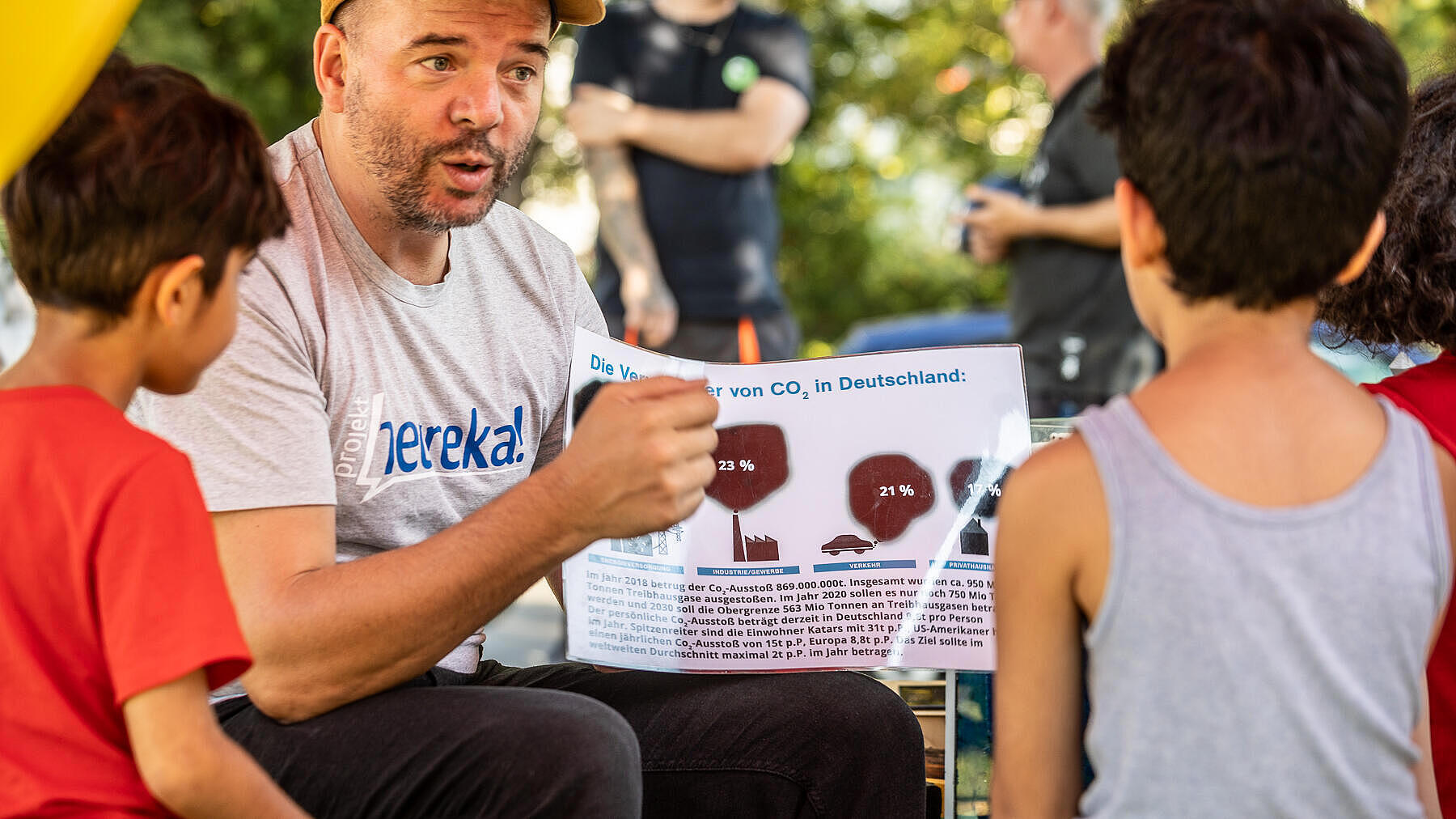 Außenaufnahme zeigt einen Freiwilligen vom Projekt Heureka! im Gespräch mit zwei Kindern. In der Hand hält er ein Plakat, auf dem zum CO2-Ausstoß in Deutschland informiert wird.