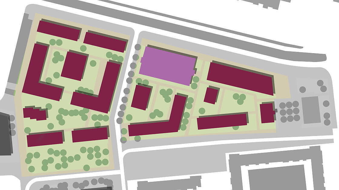 Lageplan zweier Grundstücke mit 14 Gebäuden unterschiedlicher Größe